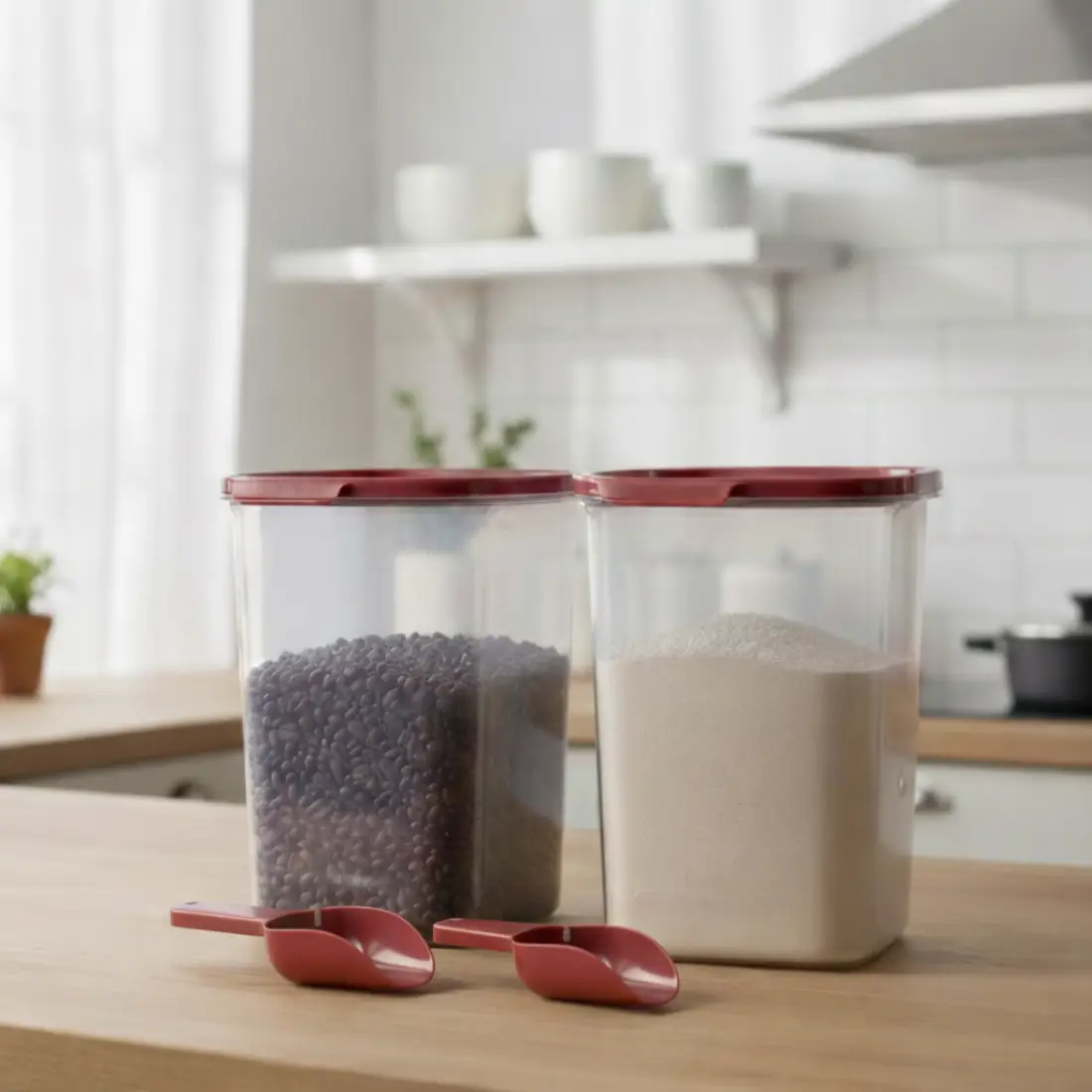 Crystal Clear Square Container with Scoop (set of 2, 4.0L) - Raspberry Gem