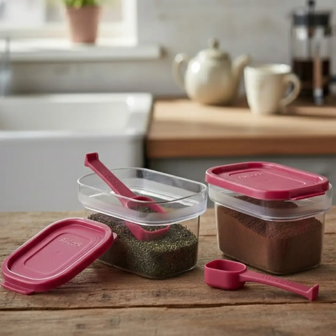 Crystal Clear Container Brew Box with Spoon (set of 2, 225ml) - Raspberry Gem