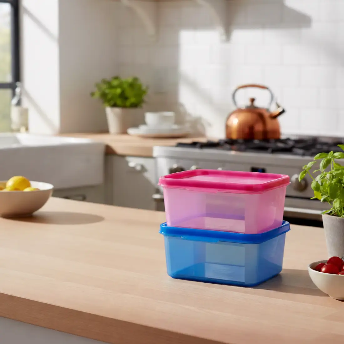 Polyclear Rectangular Container (set of 2, 500ml) - Ice Blue & Blush Pink