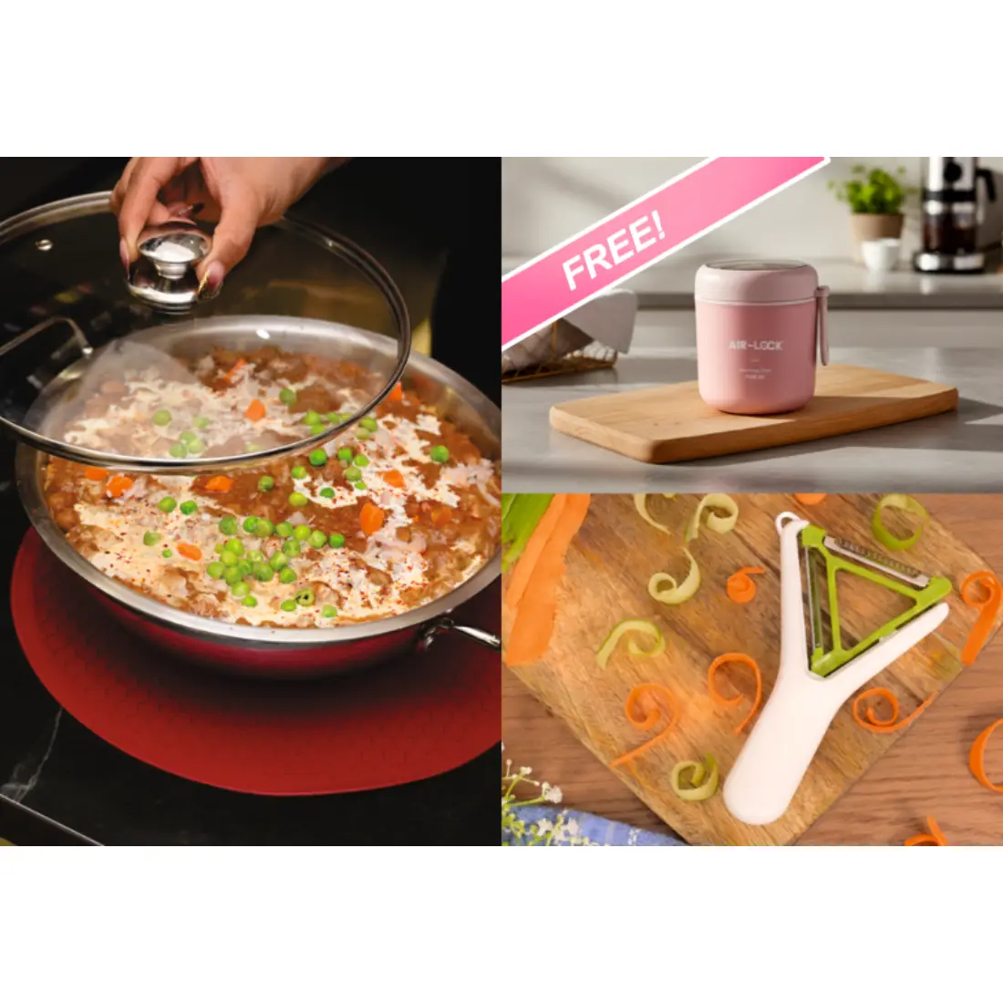 Buy Trivedh Kadhai 24cm with Glass Lid Free Food Jar X1 + Peeler X1