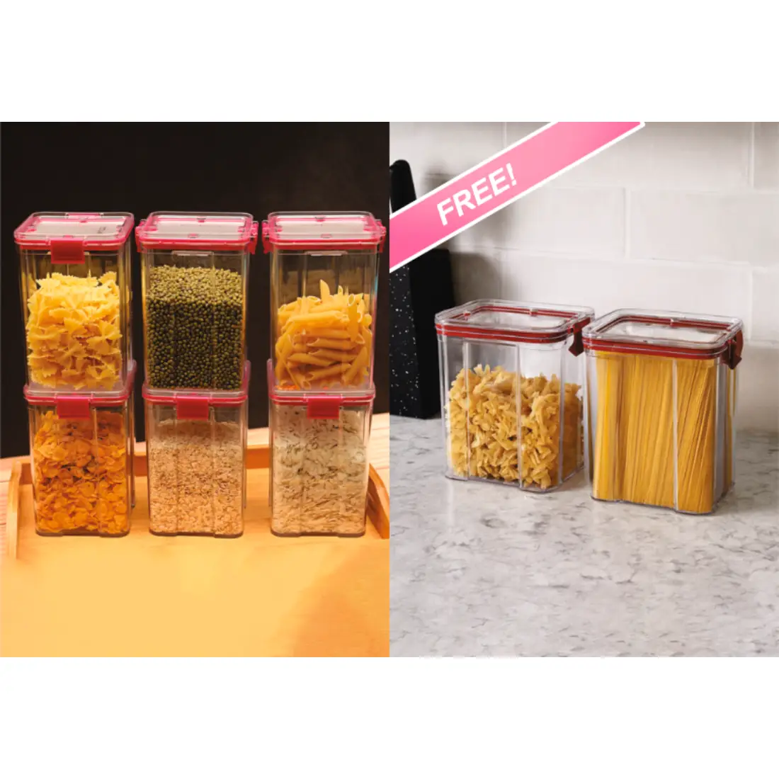 Buy - Clear Square Container 1.1L (Set of 2) X 3 Free - Clear Container 650ML (Set of 2)