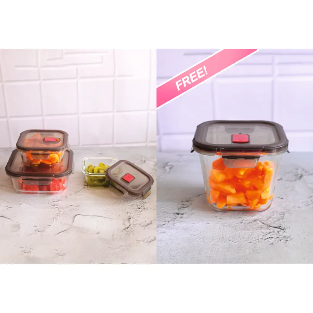 Buy - Freah Lock Square Glass Container 310ML, 530 ML & 1100ML Free - Fresh Lock Trapezium Glass Container 850ML