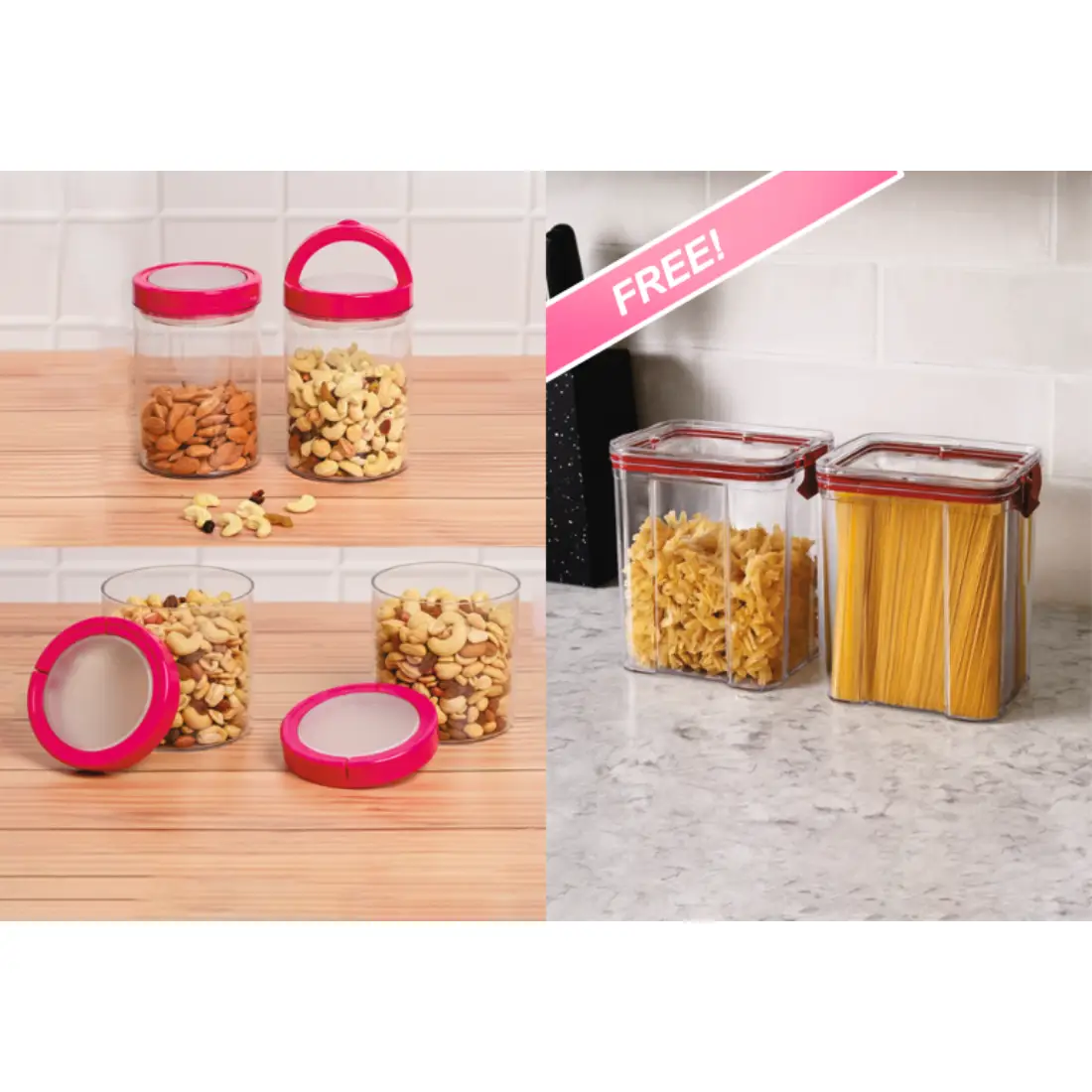 Buy - Clear Round Snap Hinge Container 650ML (Set Of 2) Clear Round Snap Hinge Container 1.0L (Set of 2) Free - Clear Square Cont.650Ml (Set of 2)