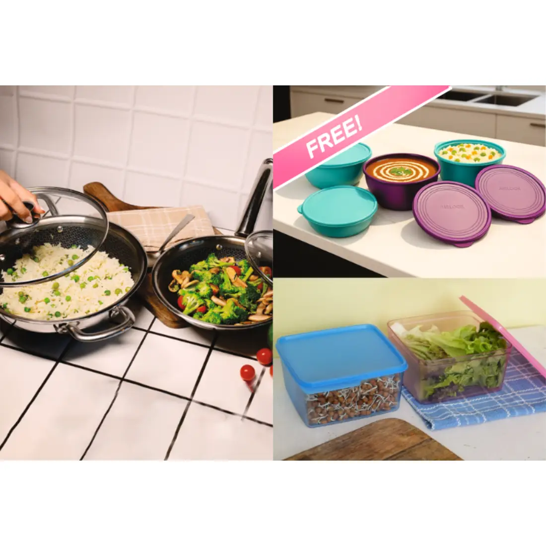 Buy - Trivedh Honeycomb Kadhai 24cm with Glass Lid Trivedh Honeycomb Frying Pan 20cm with Glass Lid Free - Super Steel Bowl 1.5L (Set of 2) Super Steel Bowl 2.5L (Set of 2) PolyClear Rectangular Container 1.2L (Set of 2)